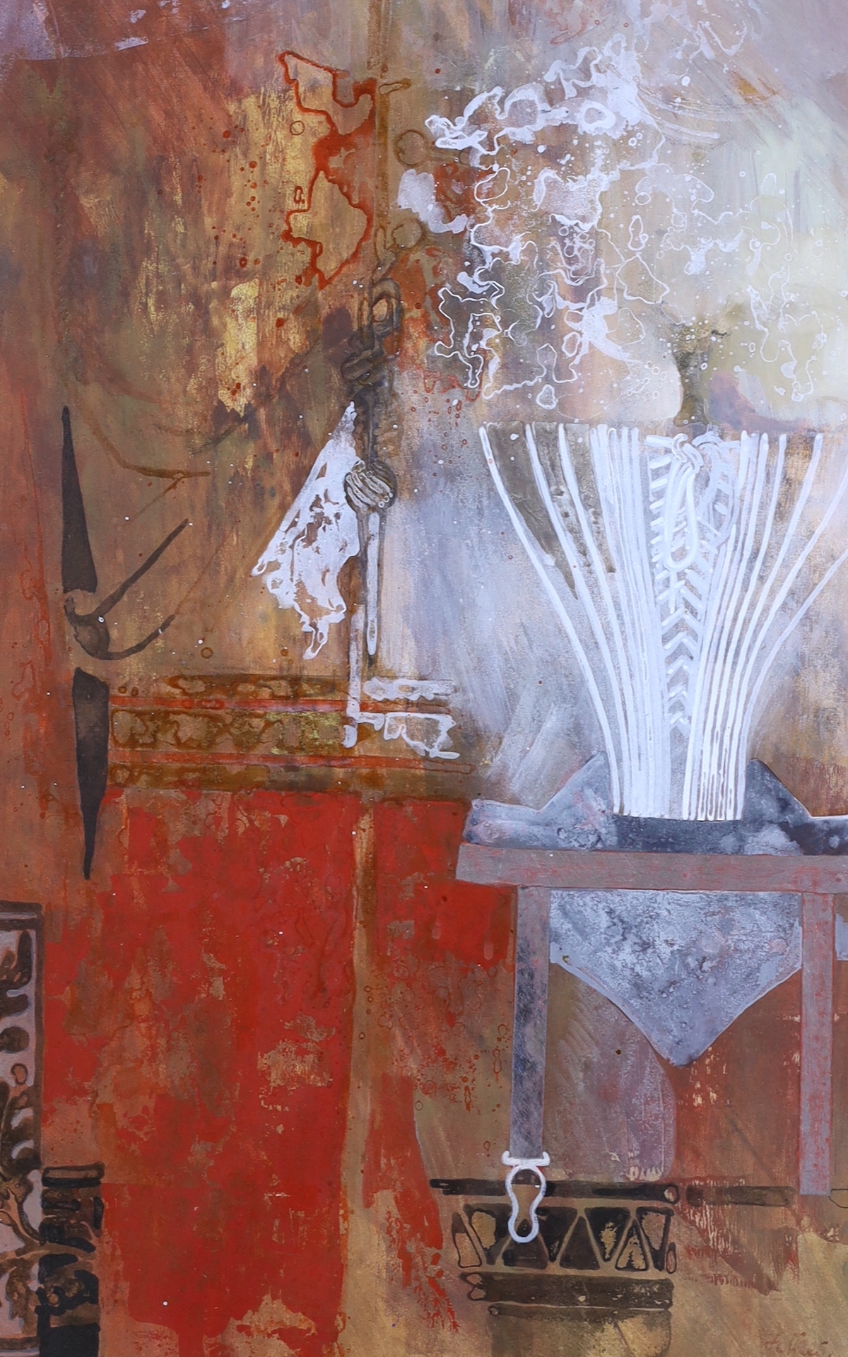 Peter Leonard Folkes RWA (1923-2019), mixed media, Interior with cut glass vase, signed, 53 x 35cm
